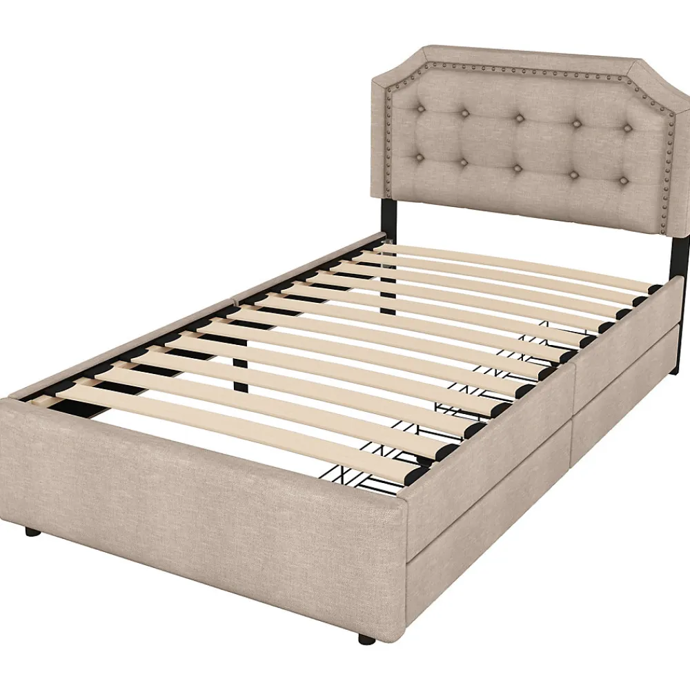 Lit 90x200cm, avec tiroirs et clous décoratifs, Beige>Fortuna lai Clearance