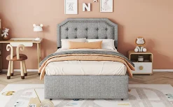Lit 90x200cm, avec tiroirs et clous décoratifs, Gris><noscript><img width=