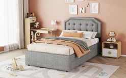 Lit 90x200cm, avec tiroirs et clous décoratifs, Gris><noscript><img width=