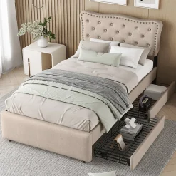 Lit 90x200cm, avec tiroirs et clous décoratifs, Beige>Fortuna lai