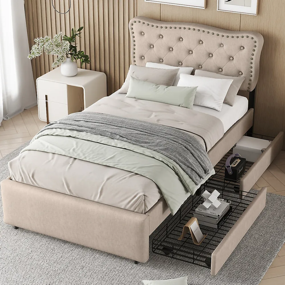Lit 90x200cm, avec tiroirs et clous décoratifs, Beige>Fortuna lai