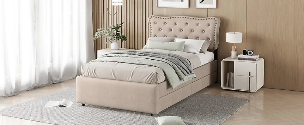 Lit 90x200cm, avec tiroirs et clous décoratifs, Beige>Fortuna lai