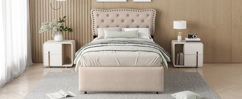 Lit 90x200cm, avec tiroirs et clous décoratifs, Beige>Fortuna lai
