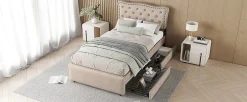 Lit 90x200cm, avec tiroirs et clous décoratifs, Beige><noscript><img width=