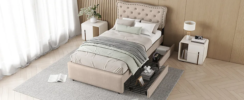 Lit 90x200cm, avec tiroirs et clous décoratifs, Beige>Fortuna lai