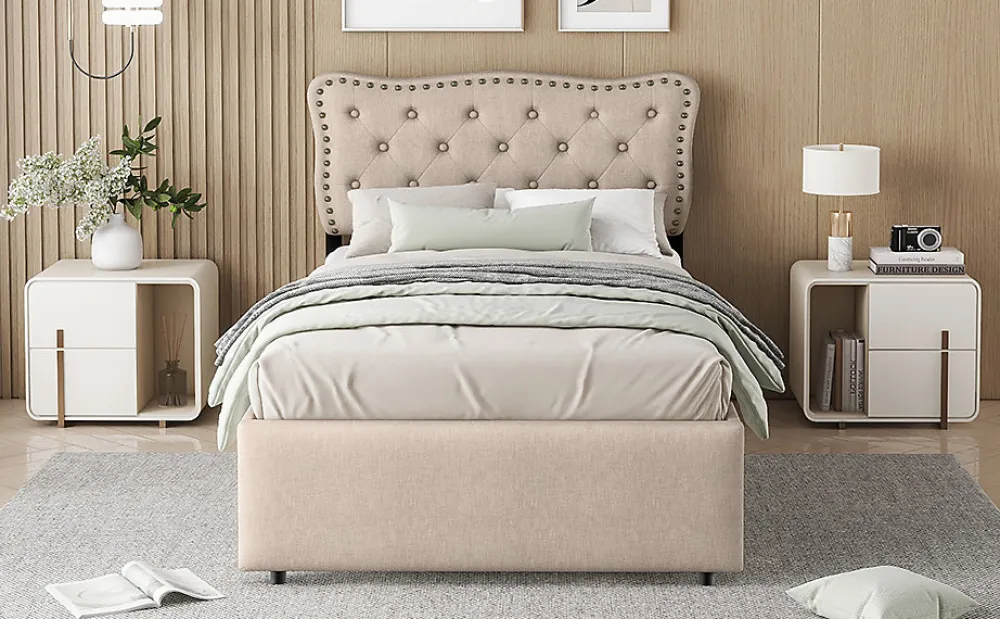 Lit 90x200cm, avec tiroirs et clous décoratifs, Beige>Fortuna lai