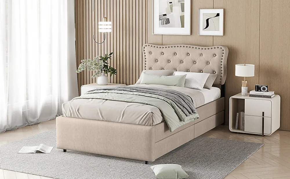 Lit 90x200cm, avec tiroirs et clous décoratifs, Beige>Fortuna lai