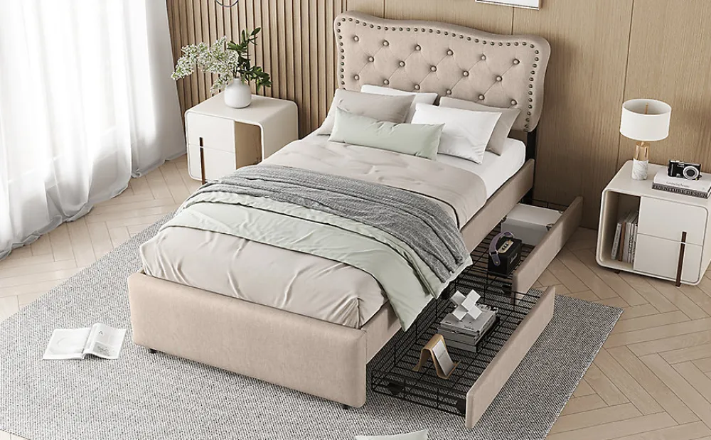 Lit 90x200cm, avec tiroirs et clous décoratifs, Beige>Fortuna lai