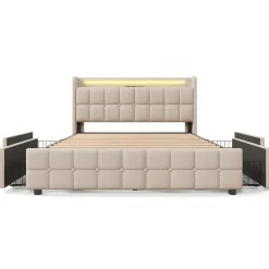 ProximaX Lit 180x200cm avec tiroirs, Lit double capitonné avec rangement, éclairage LED, 2 chargeurs USB, Beige* Lit Coffre