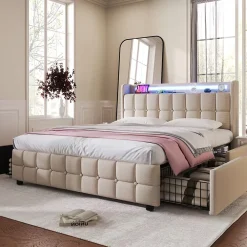 ProximaX Lit 180x200cm avec tiroirs, Lit double capitonné avec rangement, éclairage LED, 2 chargeurs USB, Beige* Lit Coffre