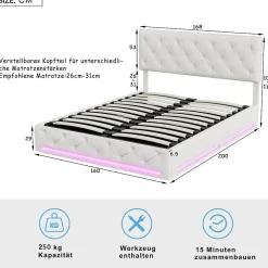 Lit 160x200cm, Espace de Rangement, Sommier à Lattes, Eéclairage LED et tête de lit relevable, Lin, Beige><noscript><img width=