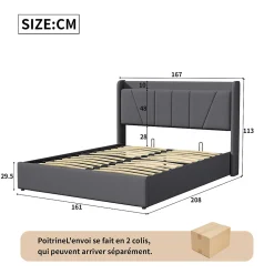 lit 160x200cm Hauteur 30cm Cadre de lit tapissé avec tête de lit Sommier à Lattes en Bois Gris foncé><noscript><img width=