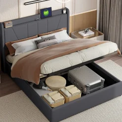 lit 160x200cm Hauteur 30cm Cadre de lit tapissé avec tête de lit Sommier à Lattes en Bois Gris foncé><noscript><img width=
