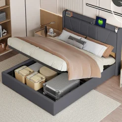 lit 160x200cm Hauteur 30cm Cadre de lit tapissé avec tête de lit Sommier à Lattes en Bois Gris foncé><noscript><img width=
