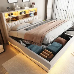 Lit 180x200cm, LED app, USB, rangement hydraulique, sommier lattes, lin beige>Blackcolors Discount