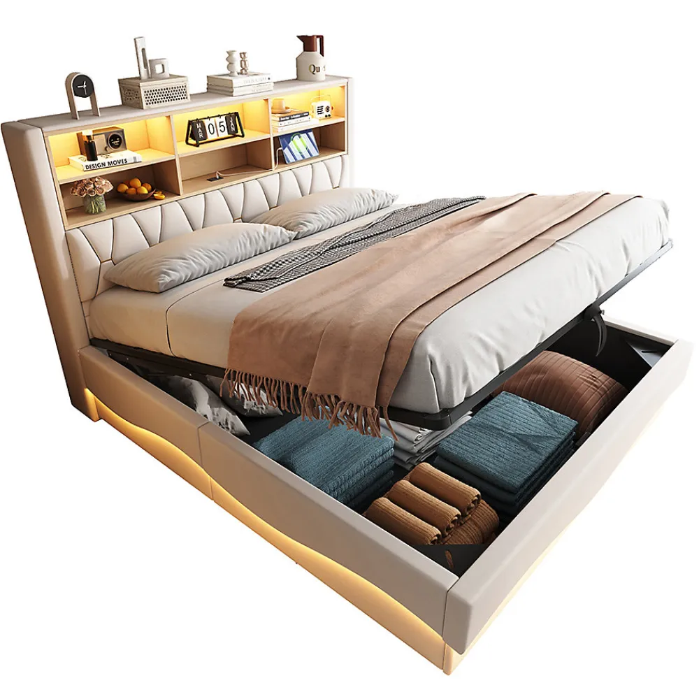 Lit 180x200cm, LED app, USB, rangement hydraulique, sommier lattes, lin beige>Blackcolors Discount