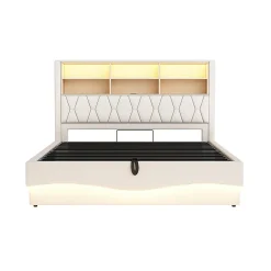 Lit 180x200cm, LED app, USB, rangement hydraulique, sommier lattes, lin beige><noscript><img width=