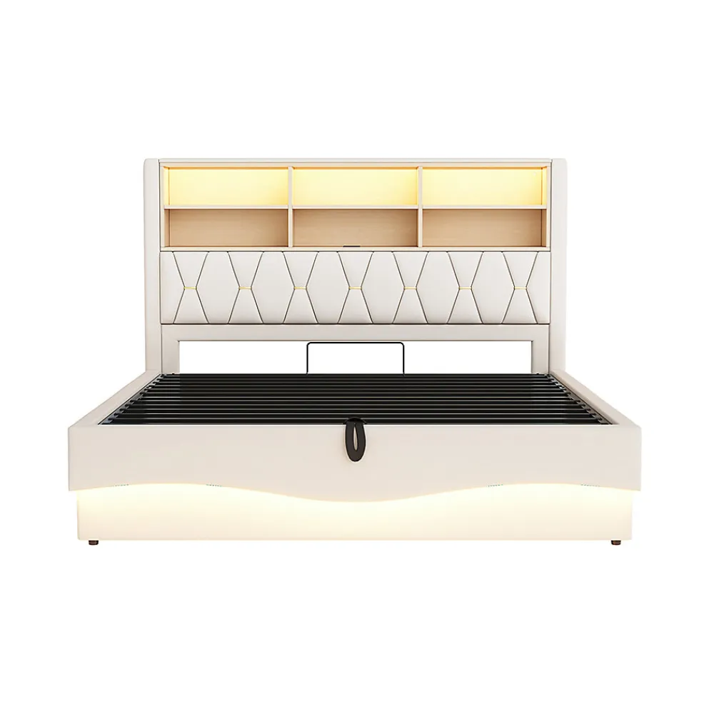 Lit 180x200cm, LED app, USB, rangement hydraulique, sommier lattes, lin beige>Blackcolors Discount