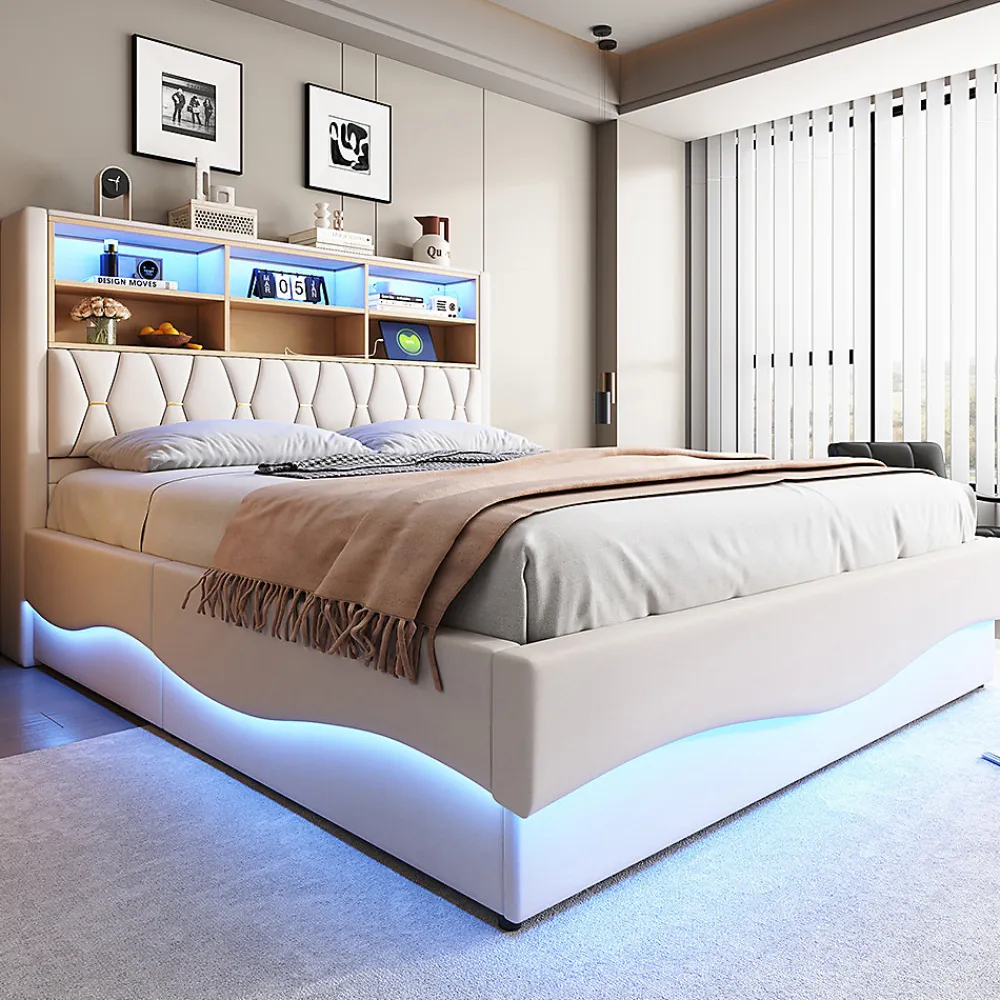 Lit 180x200cm, LED app, USB, rangement hydraulique, sommier lattes, lin beige>Blackcolors Discount