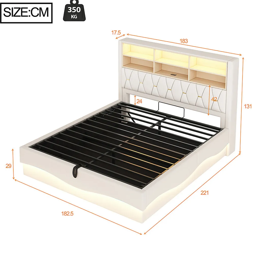 Lit 180x200cm, LED app, USB, rangement hydraulique, sommier lattes, lin beige>Blackcolors Discount