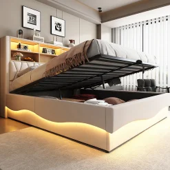 Lit 180x200cm, LED app, USB, rangement hydraulique, sommier lattes, lin beige><noscript><img width=