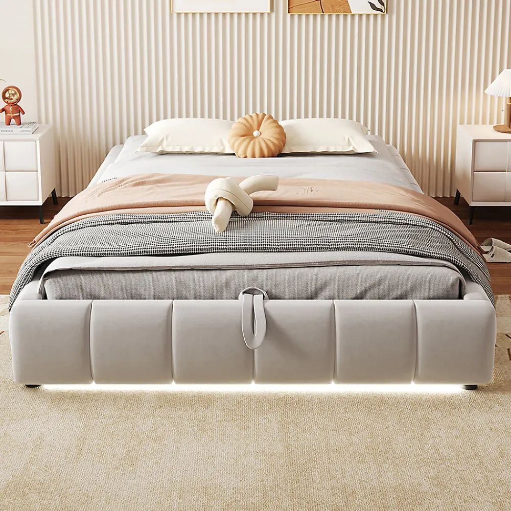 Blackcolors Lit 140x200cm, LED, rangement hydraulique, cadre suspendu, beige* Lit Coffre