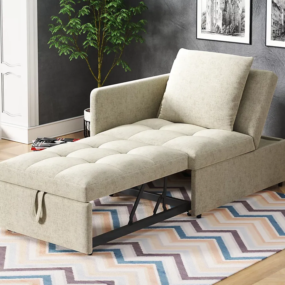 Redom Lit 177x68x65 cm convertible 3-en-1 en tissu lin beige, dossier 5 positions, idéal pour petits espaces* Lit Simple