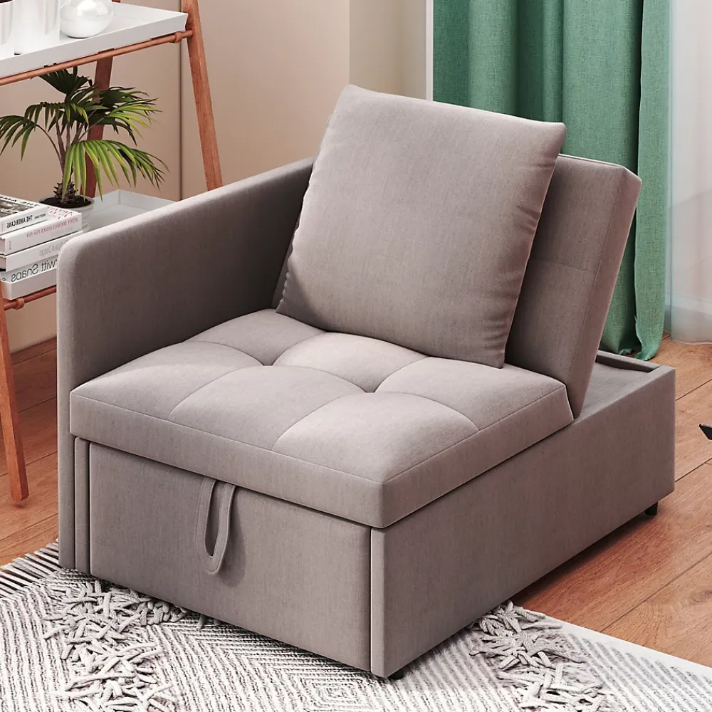 Redom Lit 177x68x65 cm convertible 3-en-1 en tissu lin gris, dossier 5 positions, compact et fonctionnel* Lit Simple