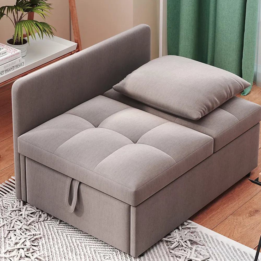 Redom Lit 177x68x65 cm convertible 3-en-1 en tissu lin gris, dossier 5 positions, compact et fonctionnel* Lit Simple