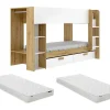 Vente-unique Lits superposés 2 x 90 x 200 cm avec rangements et penderie - Blanc et naturel + Matelas - OSANA* Lit Avec Rangement