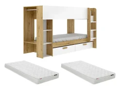 Vente-unique Lits superposés 2 x 90 x 200 cm avec rangements et penderie - Blanc et naturel + Matelas - OSANA* Lit Avec Rangement