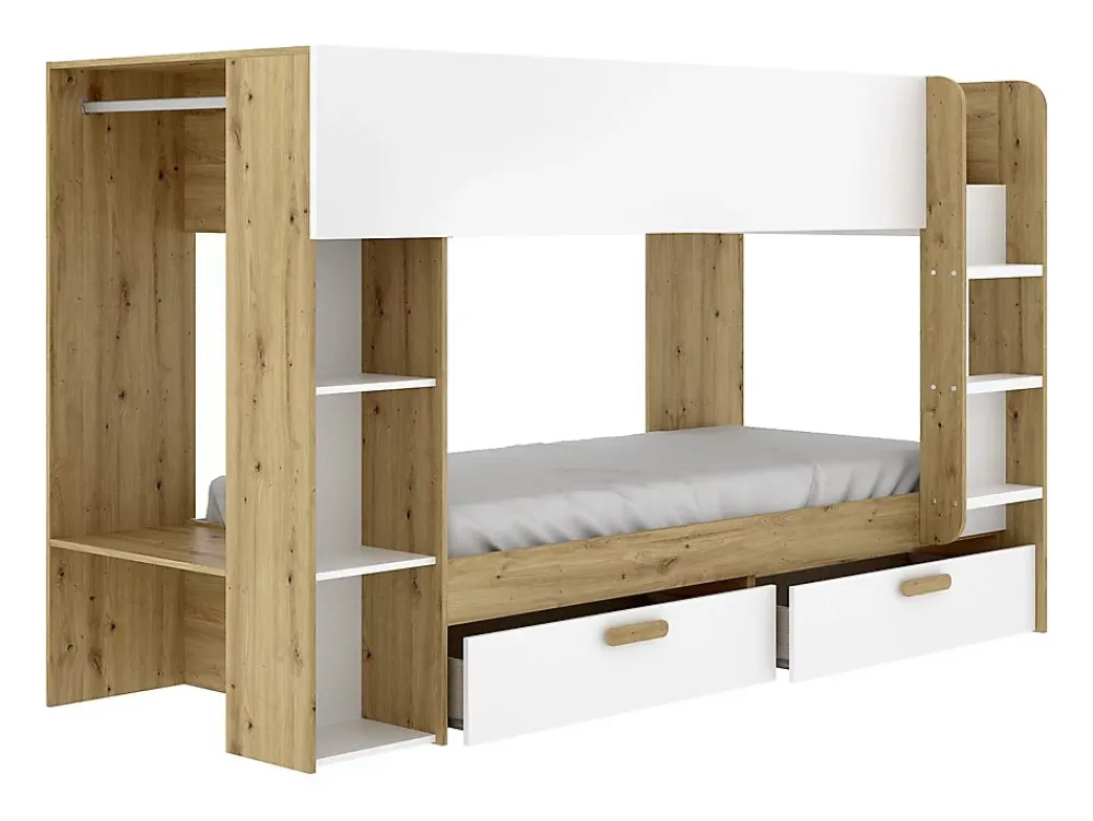Vente-unique Lits superposés 2 x 90 x 200 cm avec rangements et penderie - Blanc et naturel + Matelas - OSANA* Lit Avec Rangement