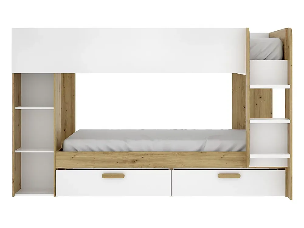 Vente-unique Lits superposés 2 x 90 x 200 cm avec rangements et penderie - Blanc et naturel + Matelas - OSANA* Lit Avec Rangement
