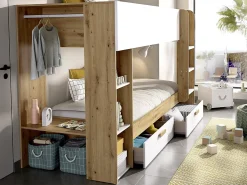 Vente-unique Lits superposés 2 x 90 x 200 cm avec rangements et penderie - Blanc et naturel + Matelas - OSANA* Lit Avec Rangement