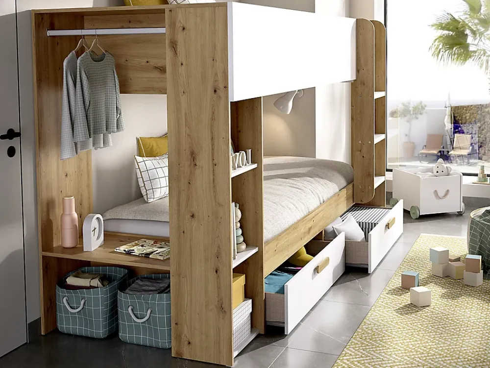 Vente-unique Lits superposés 2 x 90 x 200 cm avec rangements et penderie - Blanc et naturel + Matelas - OSANA* Lit Avec Rangement