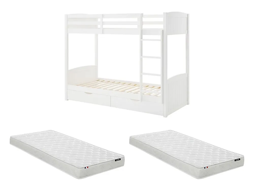 Vente-unique Lits superposés 2 x 90 x 200 cm - 2 tiroirs - Pin et MDF - Blanc + Matelas - LIMODARA* Lit Avec Rangement