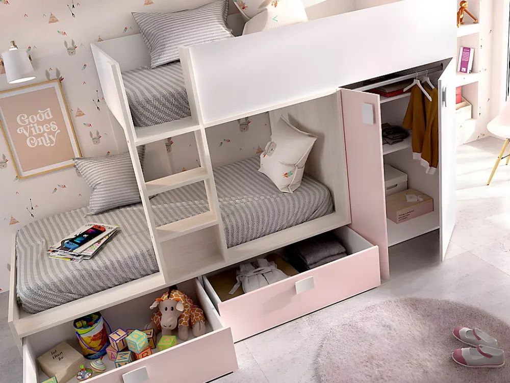 Vente-unique Lits Superposés 2 x 90 x 190 cm - Armoire intégrée - Blanc, naturel et rose - JUANITO*Enfant Lit Enfant