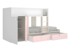 Vente-unique Lits Superposés 2 x 90 x 190 cm - Armoire intégrée - Blanc, naturel et rose - JUANITO*Enfant Lit Enfant