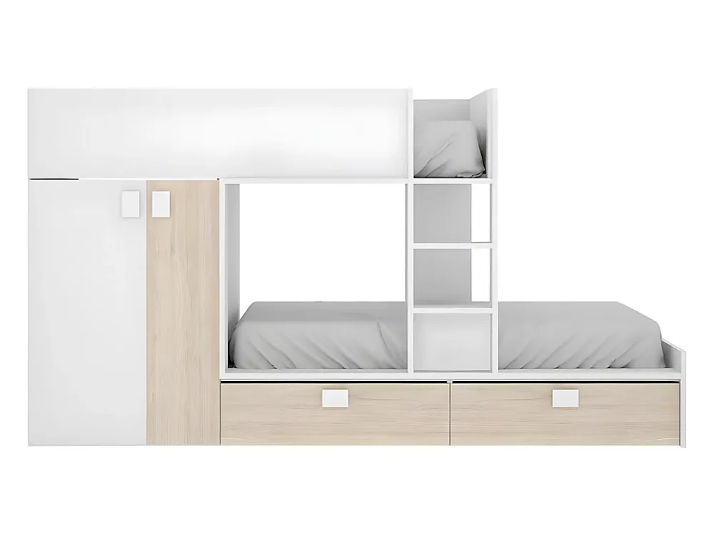 Vente-unique Lits Superposés 2 x 90 x 190 cm - Armoire intégrée - Blanc et naturel - JUANITO*Enfant Lit Enfant