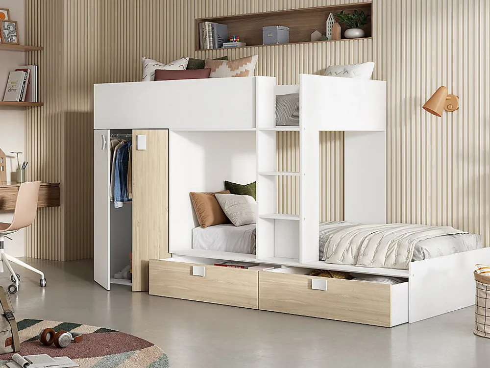 Vente-unique Lits Superposés 2 x 90 x 190 cm - Armoire intégrée - Blanc et naturel - JUANITO*Enfant Lit Enfant