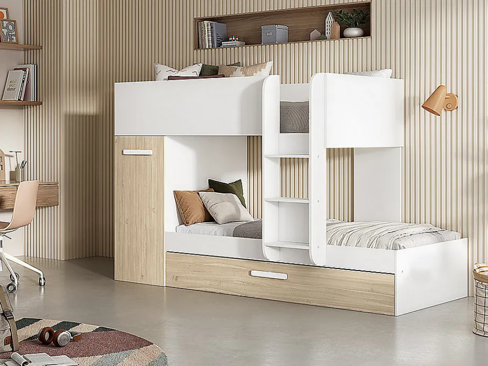 Lits superposés avec tiroir lit gigogne et rangements 3 x 90 x 190 cm - Blanc et Naturel + matelas - ANTHONY>Vente-unique