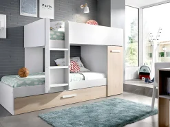 Lits superposés avec tiroir lit gigogne et rangements 3 x 90 x 190 cm - Blanc et Naturel + matelas - ANTHONY><noscript><img width=