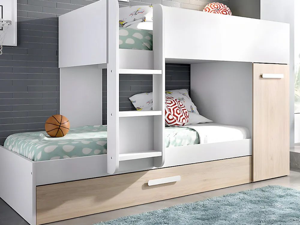 Lits superposés avec tiroir lit gigogne et rangements 3 x 90 x 190 cm - Blanc et Naturel + matelas - ANTHONY>Vente-unique
