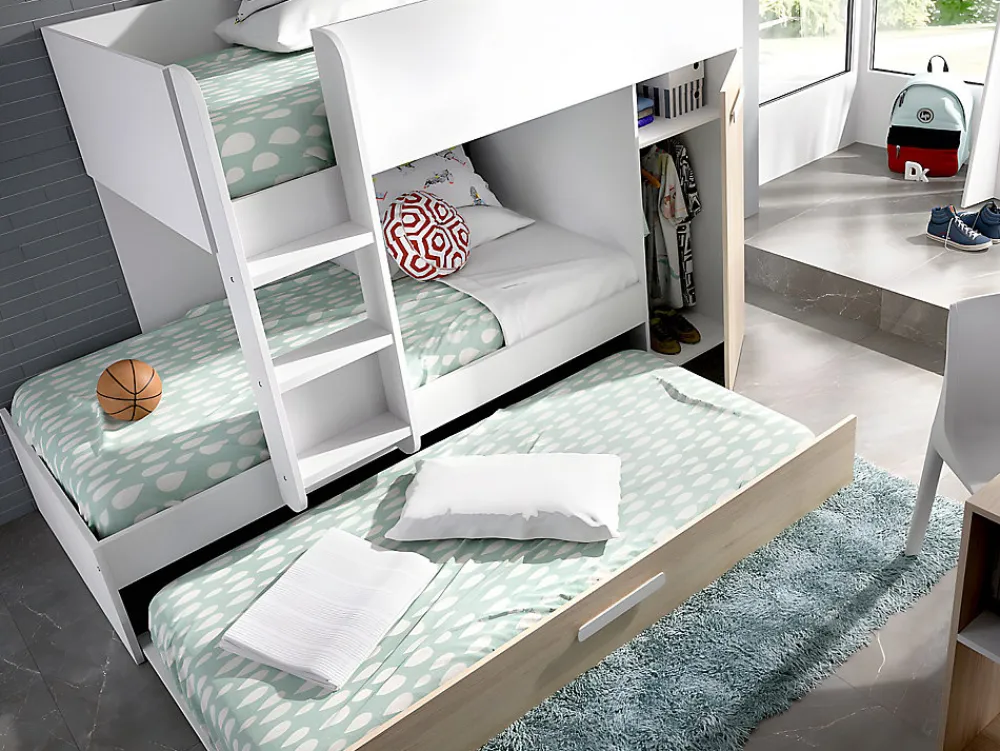 Lits superposés avec tiroir lit gigogne et rangements 3 x 90 x 190 cm - Blanc et Naturel + matelas - ANTHONY>Vente-unique