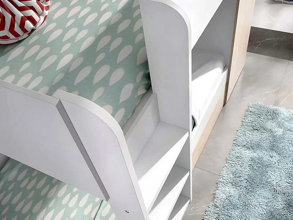 Lits superposés avec tiroir lit gigogne et rangements 3 x 90 x 190 cm - Blanc et Naturel + matelas - ANTHONY>Vente-unique