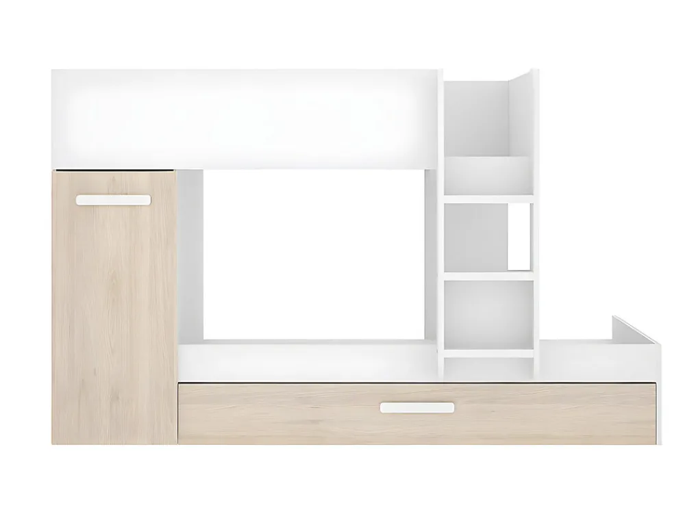 Lits superposés avec tiroir lit gigogne et rangements 3 x 90 x 190 cm - Blanc et Naturel + matelas - ANTHONY>Vente-unique