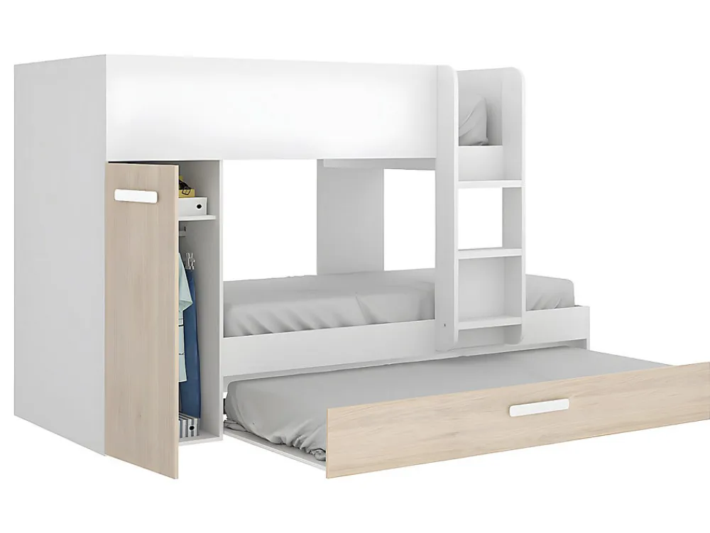 Lits superposés avec tiroir lit gigogne et rangements 3 x 90 x 190 cm - Blanc et Naturel + matelas - ANTHONY>Vente-unique