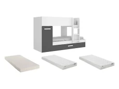 Vente-unique Lits superposés avec tiroir lit gigogne et rangements 3 x 90 x 190 cm - Anthracite et Blanc + matelas - ANTHONY* Lit Avec Rangement