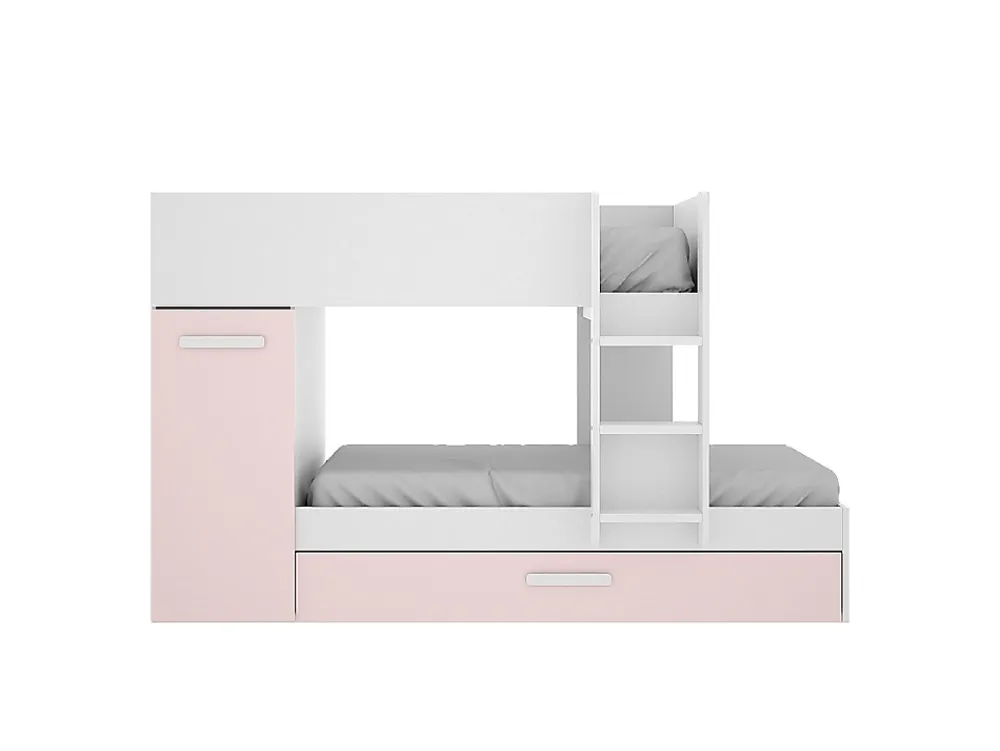 Vente-unique Lits superposés avec tiroir lit gigogne et rangements 3 x 90 x 190 cm - Blanc et rose + matelas - ANTHONY* Lit Avec Rangement