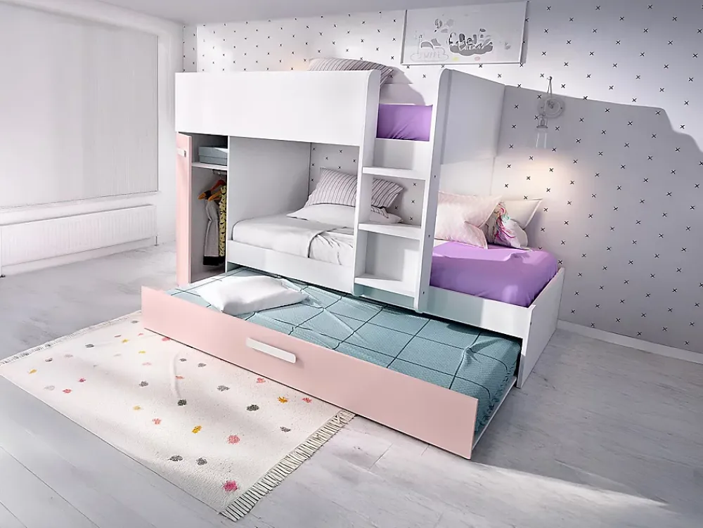 Vente-unique Lits superposés avec tiroir lit gigogne et rangements 3 x 90 x 190 cm - Blanc et rose + matelas - ANTHONY* Lit Avec Rangement